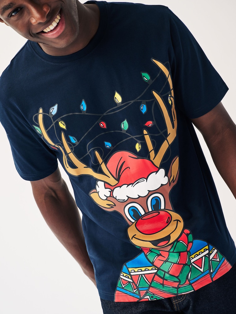 Navy Blue Reindeer Print Christmas T-Shirt - Image 1 of 7