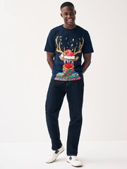Navy Blue Reindeer Print Christmas T-Shirt - Image 2 of 7