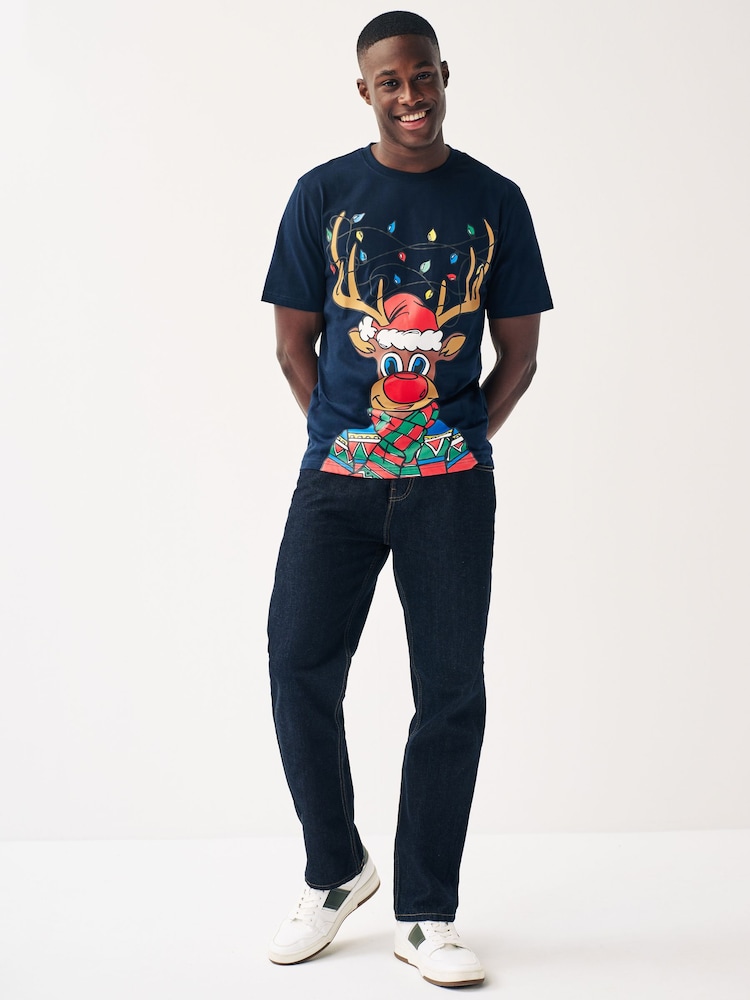 Navy Blue Reindeer Print Christmas T-Shirt - Image 2 of 7