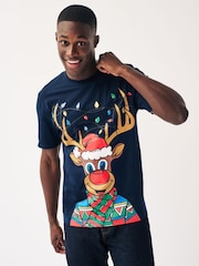 Navy Blue Reindeer Print Christmas T-Shirt - Image 4 of 7