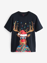 Navy Blue Reindeer Print Christmas T-Shirt - Image 5 of 7