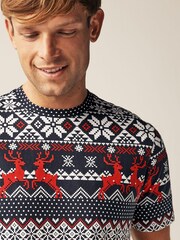 Navy Blue Fairisle Print Christmas T-Shirt - Image 1 of 7
