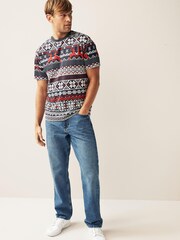 Navy Blue Fairisle Print Christmas T-Shirt - Image 2 of 7