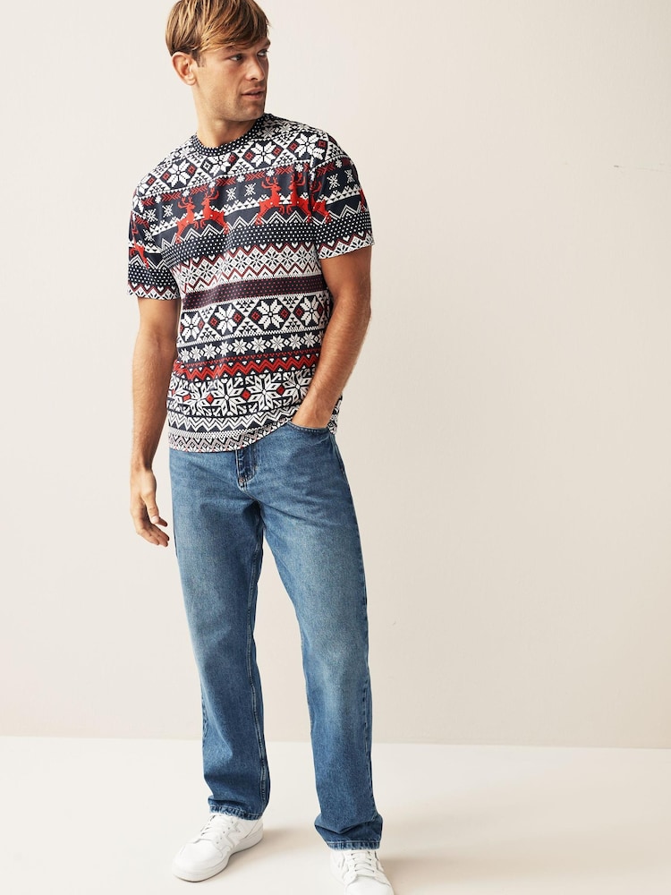 Navy Blue Fairisle Print Christmas T-Shirt - Image 2 of 7