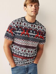 Navy Blue Fairisle Print Christmas T-Shirt - Image 4 of 7