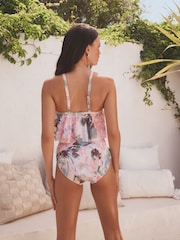 Pink Watercolour Floral Tummy Shaping Control Frill Swimsuit - Image 3 of 5