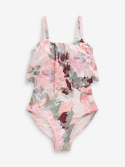 Pink Watercolour Floral Tummy Shaping Control Frill Swimsuit - Image 5 of 5