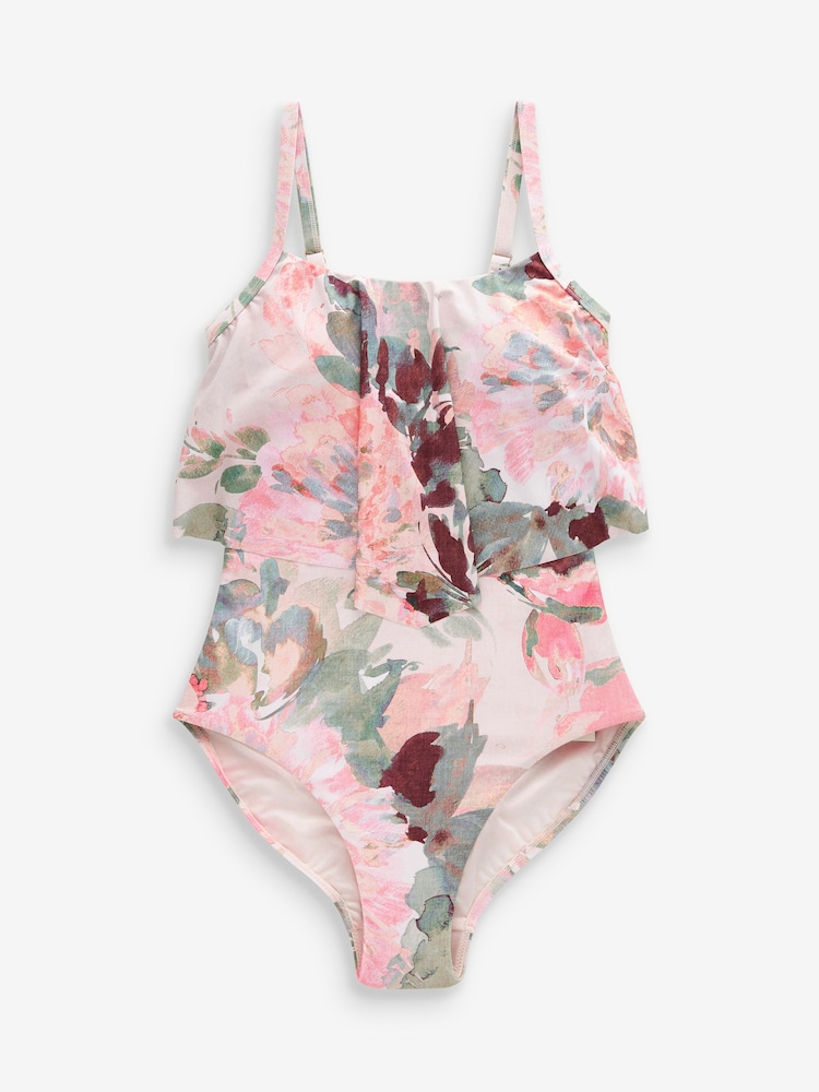 Pink Watercolour Floral Tummy Shaping Control Frill Swimsuit - Image 5 of 5