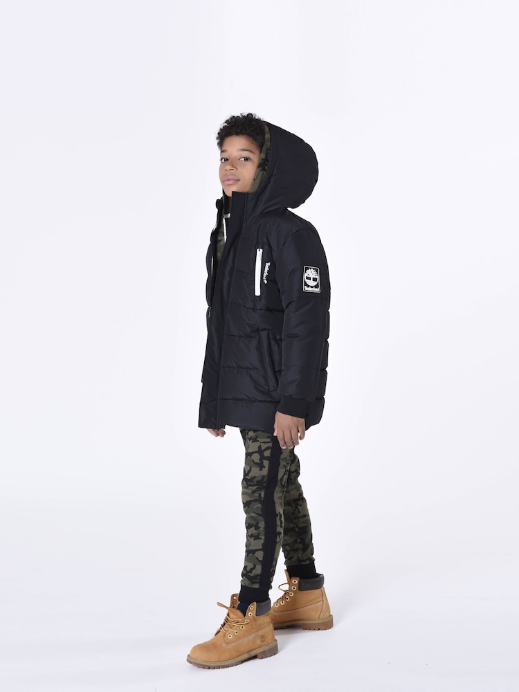 Timberland Black Hooded Logo Parka Coat - Image 1 of 5