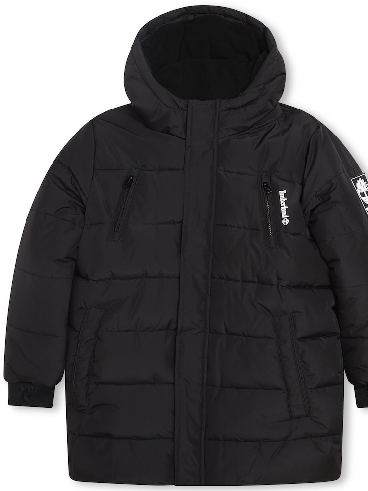 Timberland Black Hooded Logo Parka Coat - Image 3 of 5