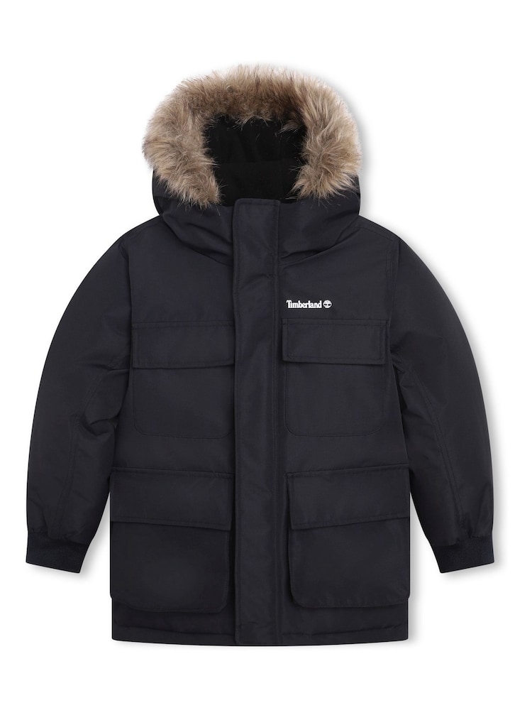 Timberland Navy Logo Hooded Parka Coat - Image 1 of 2