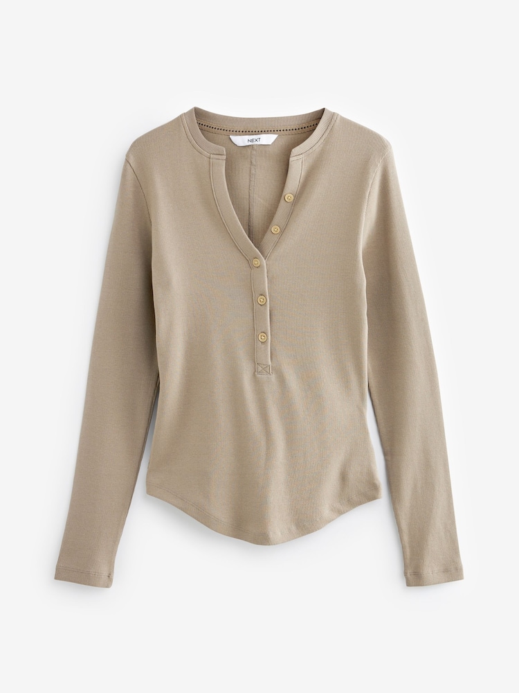 Taupe Brown Ribbed Button Detail Long Sleeve Henley Top - Image 4 of 5