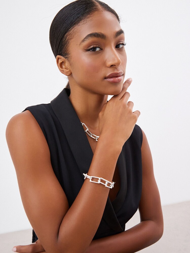 Silver Tone Rectangular Link Chunky Chain Bracelet - Image 1 of 4