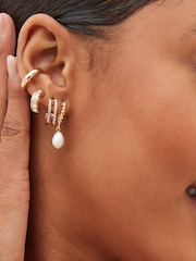 Gold Tone Pearl and Sparkle Hoop Earrings 4 Packs with Ear Cuff - Image 1 of 3