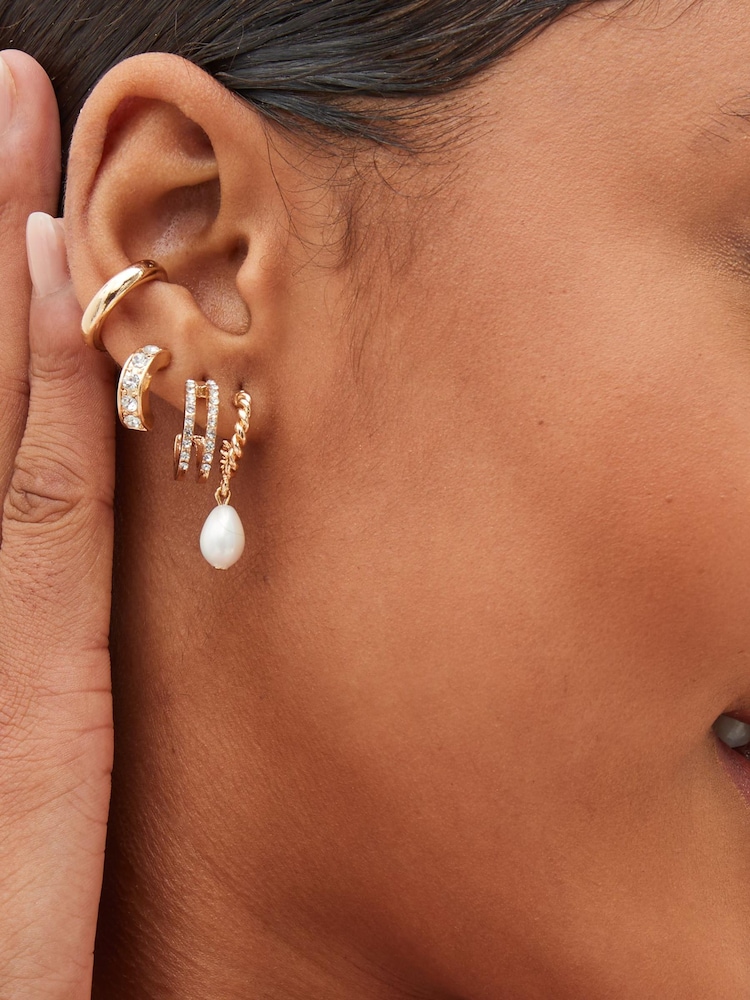 Gold Tone Pearl and Sparkle Hoop Earrings 4 Packs with Ear Cuff - Image 1 of 3 Gold Tone Pearl and Sparkle Hoop Earrings 4 Packs with Ear Cuff - Image 1 of 3