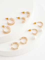 Gold Tone Pearl and Sparkle Hoop Earrings 4 Packs with Ear Cuff - Image 3 of 3