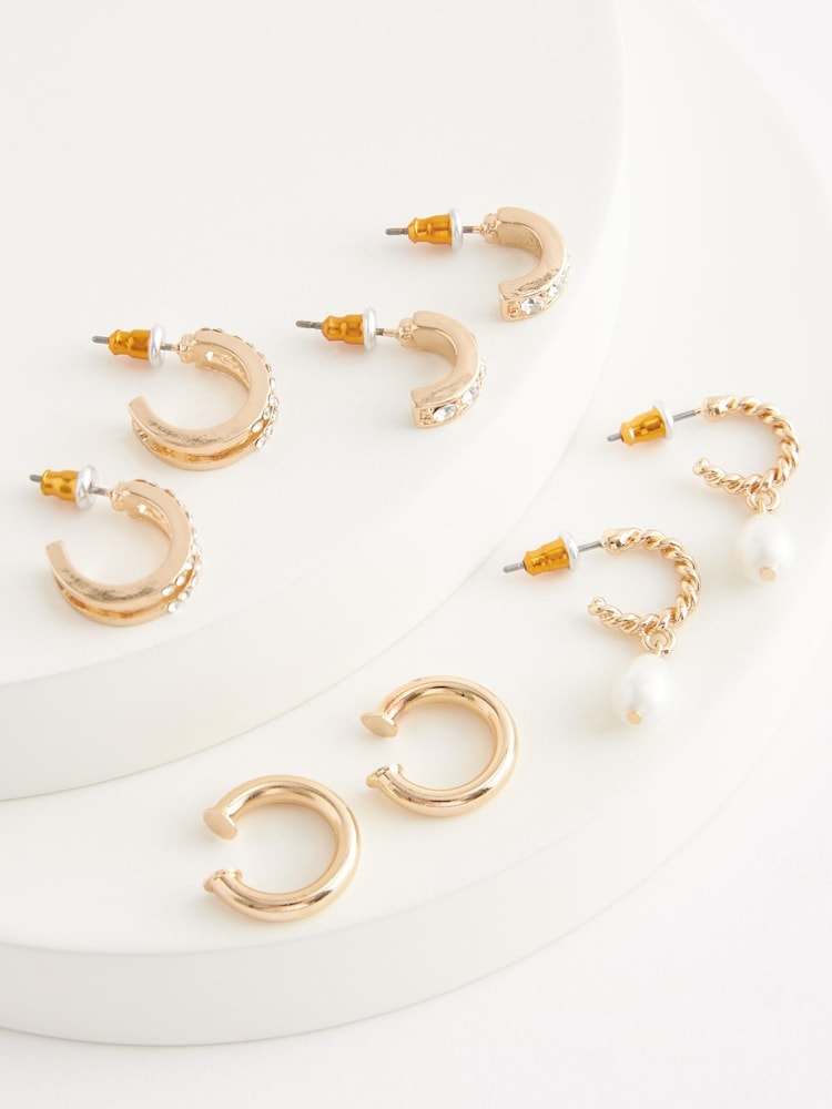 Gold Tone Pearl and Sparkle Hoop Earrings 4 Packs with Ear Cuff - Image 3 of 3 Gold Tone Pearl and Sparkle Hoop Earrings 4 Packs with Ear Cuff - Image 3 of 3