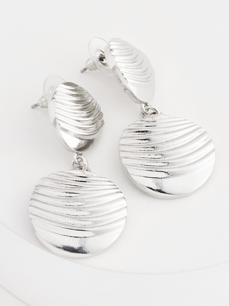 Silver Tone Recycled Metal Wave Effect Circle Drop Earrings - Image 3 of 3