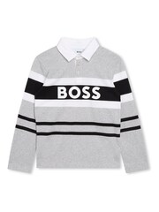 BOSS Grey Colourblock Logo Long Sleeve Jersey Polo Shirt - Image 1 of 3