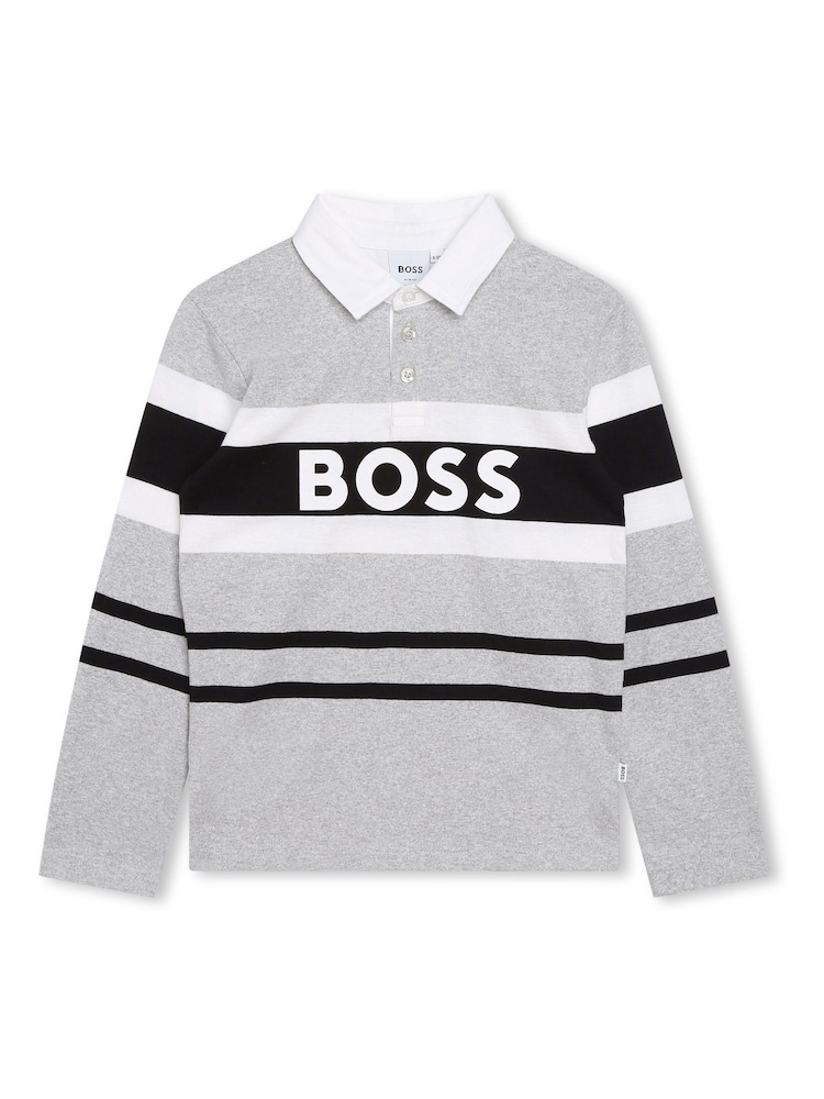 BOSS Grey Colourblock Logo Long Sleeve Jersey Polo Shirt - Image 1 of 3