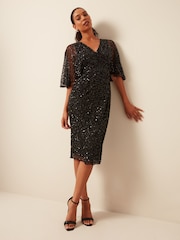 Maya Black Fully Embellished Faux Wrap Midi Dress - Image 1 of 6