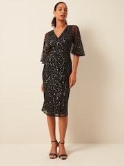 Maya Black Fully Embellished Faux Wrap Midi Dress - Image 2 of 6