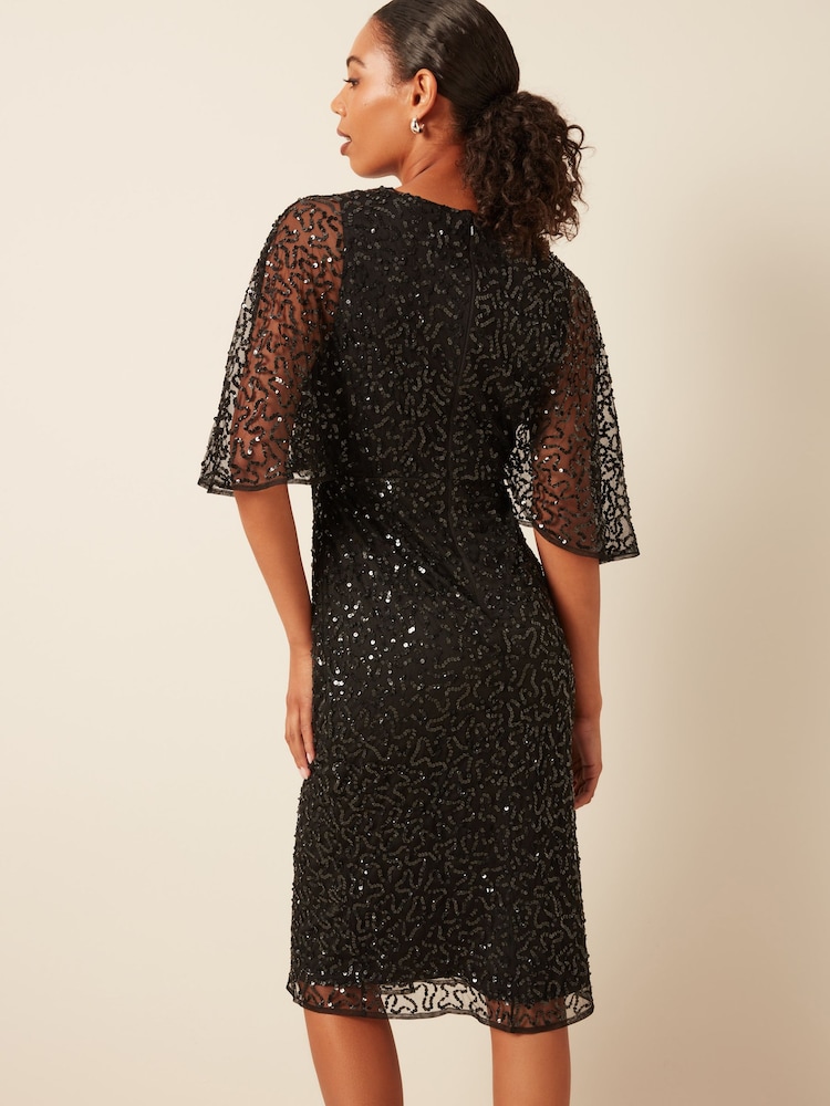 Maya Black Fully Embellished Faux Wrap Midi Dress - Image 3 of 6
