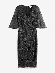 Maya Black Fully Embellished Faux Wrap Midi Dress - Image 5 of 6