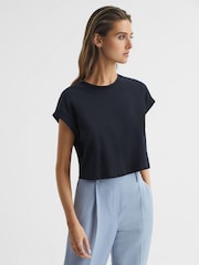 Reiss Navy Terry Cotton Crew Neck Crop Top - Image 1 of 5