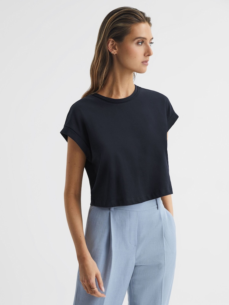 Reiss Navy Terry Cotton Crew Neck Crop Top - Image 1 of 5