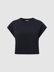 Reiss Navy Terry Cotton Crew Neck Crop Top - Image 2 of 5
