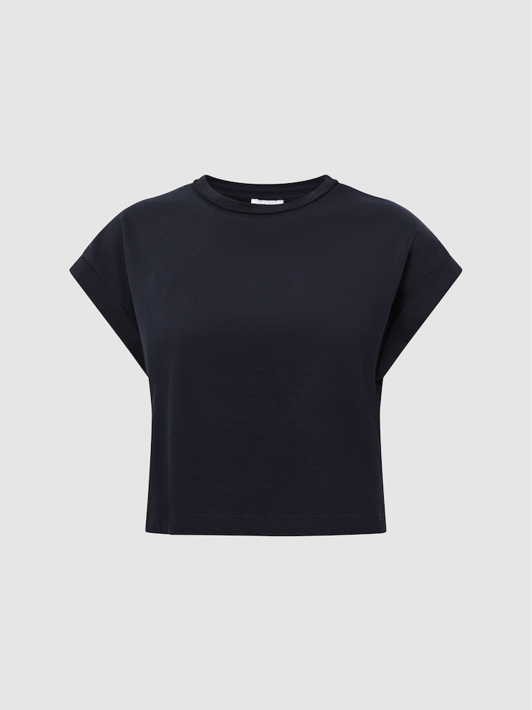 Reiss Navy Terry Cotton Crew Neck Crop Top - Image 2 of 5
