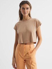 Reiss Camel Terry Cotton Crew Neck Crop Top - Image 1 of 6