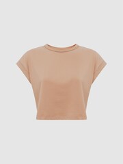 Reiss Camel Terry Cotton Crew Neck Crop Top - Image 2 of 6