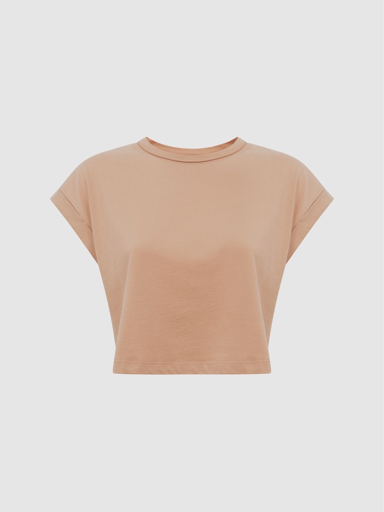 Reiss Camel Terry Cotton Crew Neck Crop Top - Image 2 of 6