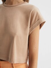Reiss Camel Terry Cotton Crew Neck Crop Top - Image 4 of 6