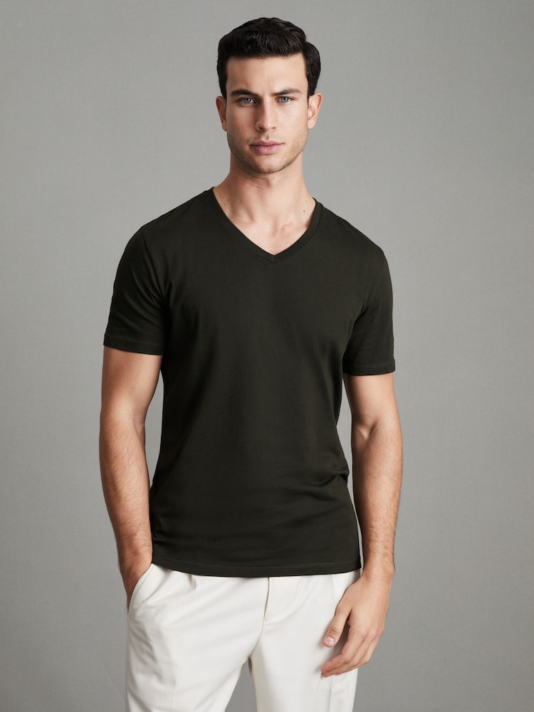 Reiss Oxidised Green Dayton Cotton V-Neck T-Shirt - Image 1 of 6