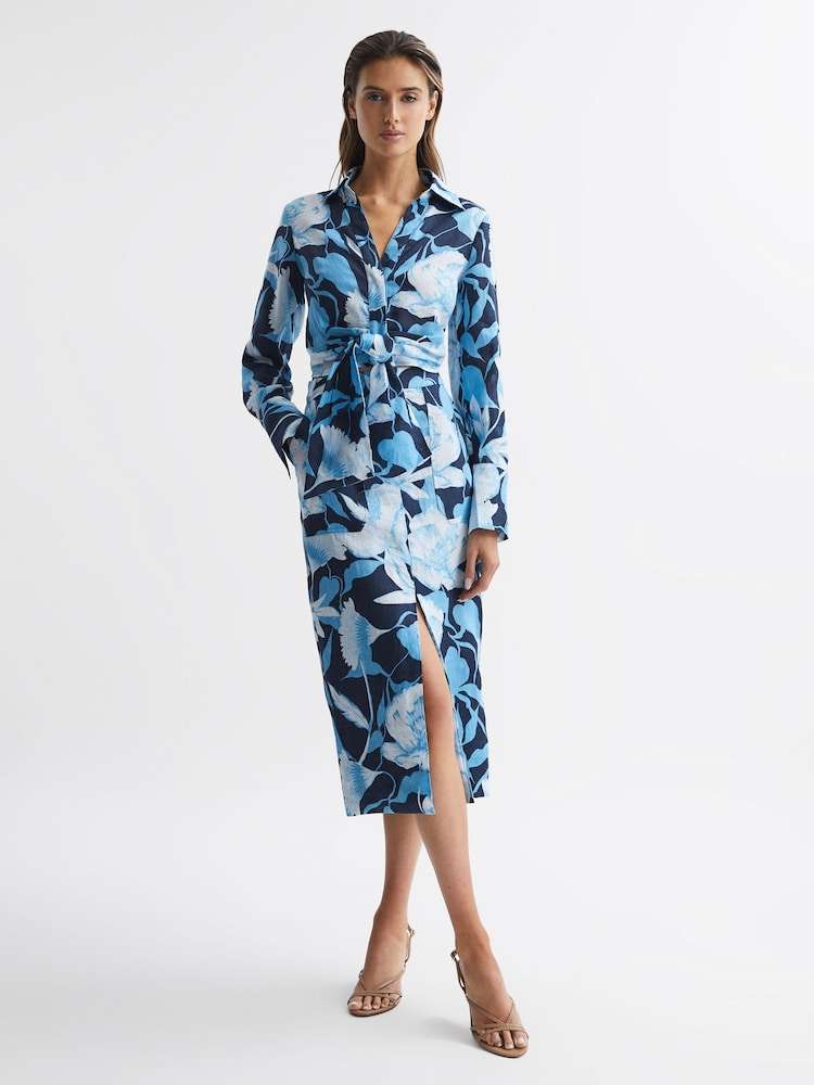 Reiss Navy/Blue Jackson Floral Print High Rise Midi Skirt - Image 1 of 6