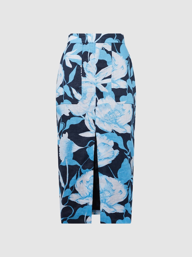Reiss Navy/Blue Jackson Floral Print High Rise Midi Skirt - Image 2 of 6