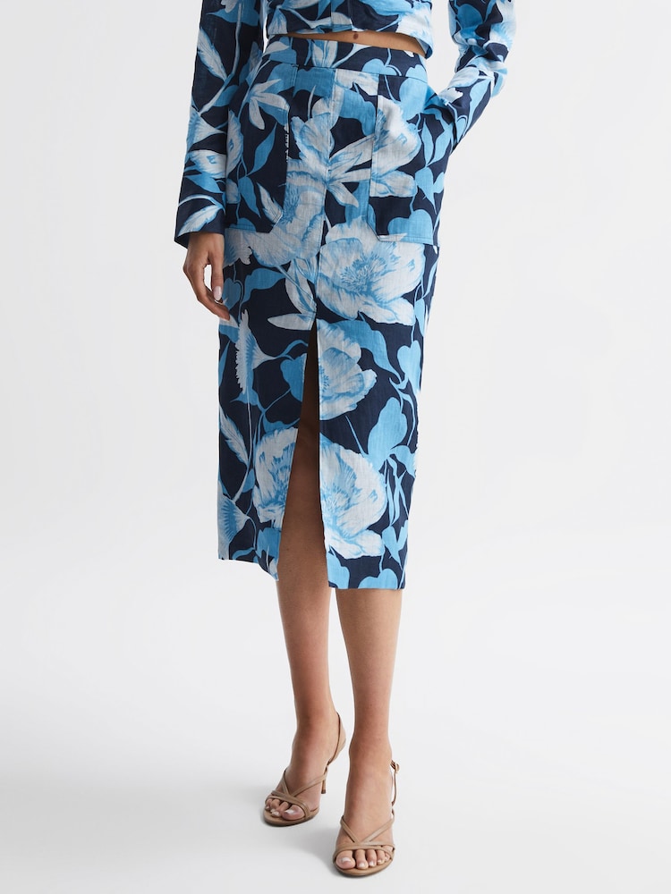 Reiss Navy/Blue Jackson Floral Print High Rise Midi Skirt - Image 6 of 6