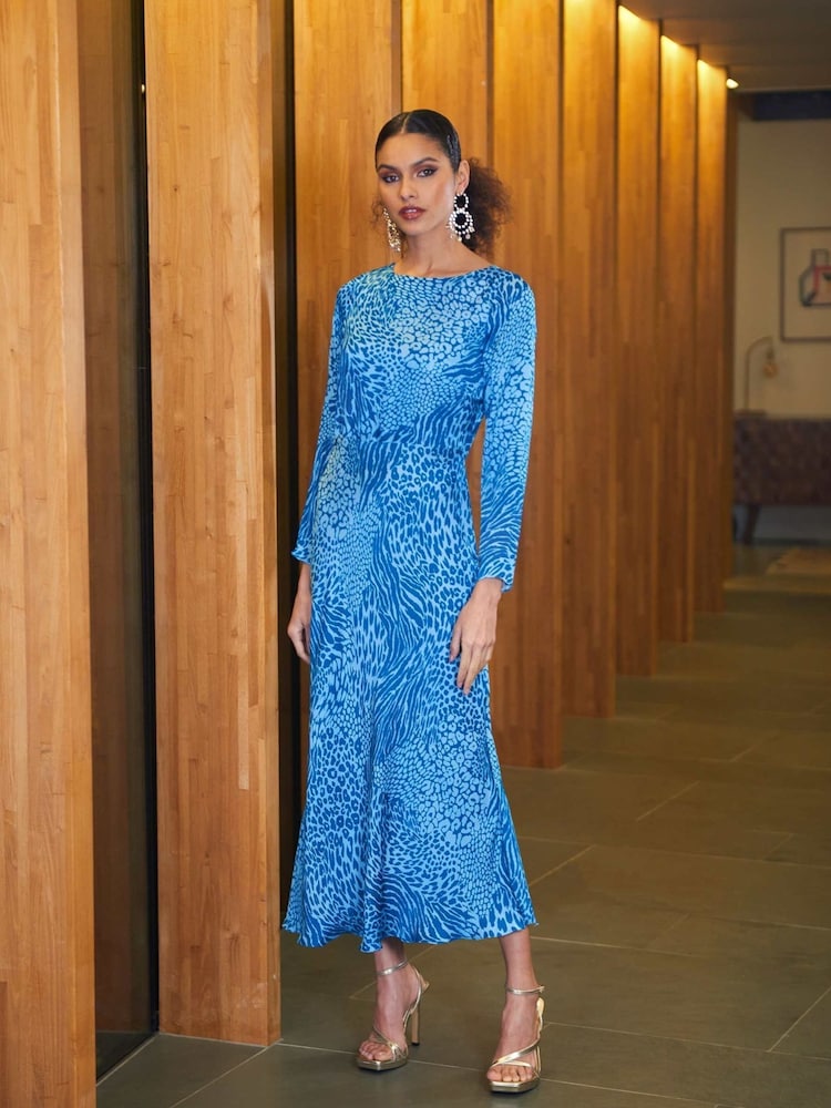 Ro&Zo Blue Animal Bias Midi Dress - Image 1 of 7