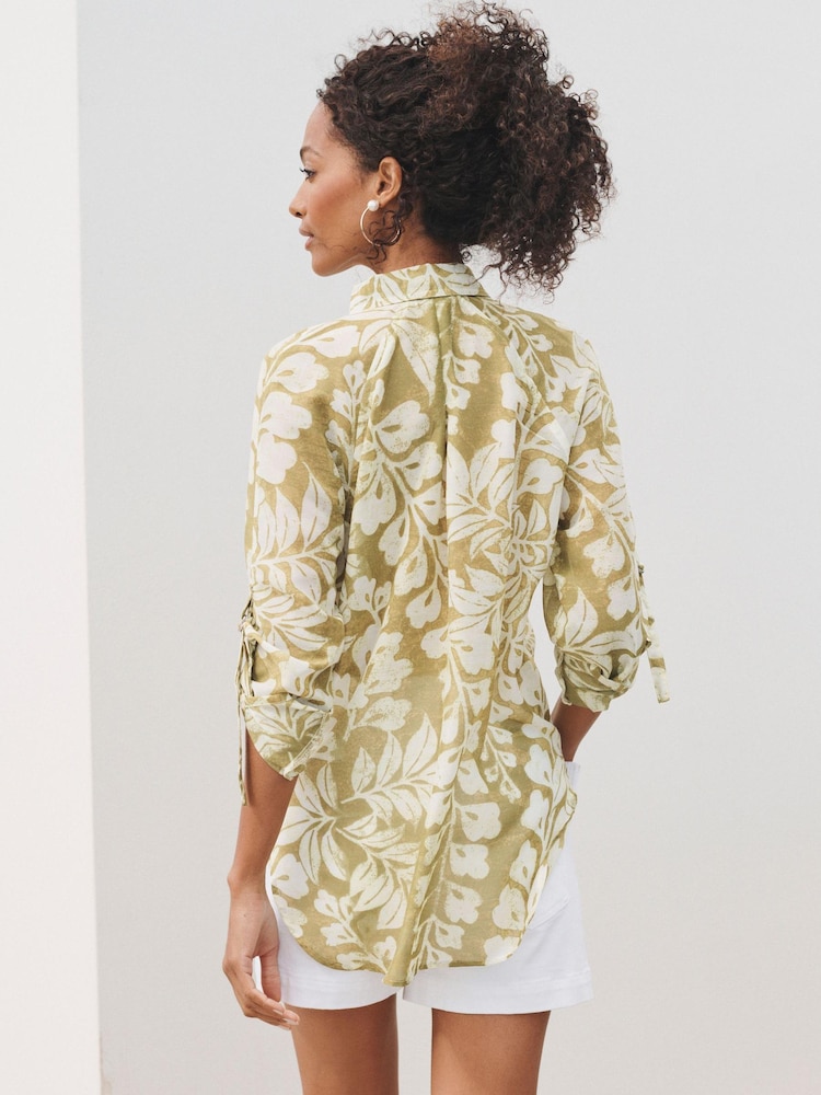 Green Palm Print Casual D-Ring Detail Utility Shirt - Image 3 of 7