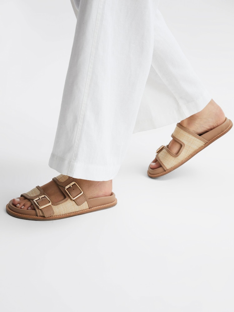 Reiss Natural Ezra Raffia Leather Sliders - Image 2 of 5