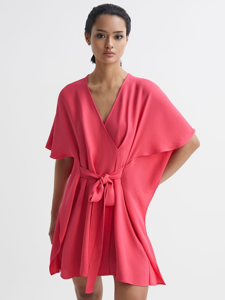 Reiss Pink Peony Relaxed Fit Wrap Mini Dress - Image 7 of 7