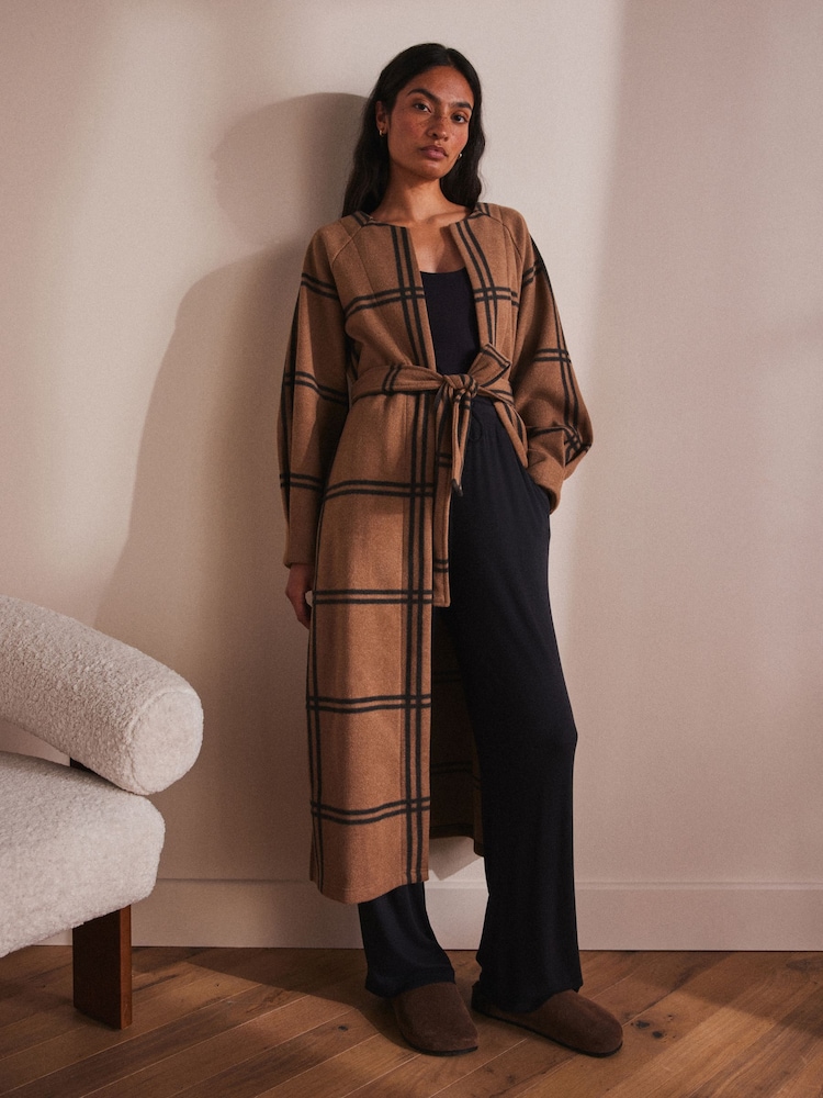 Neutral Check Tie Waist Coatigan - Image 1 of 10