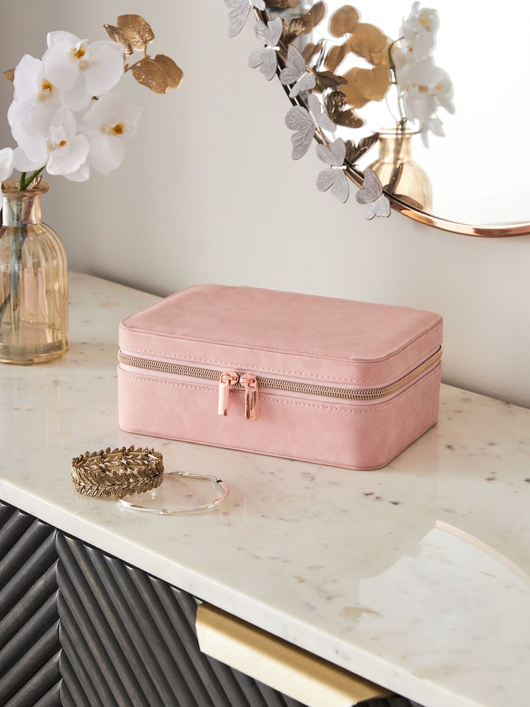 Pink Faux Leather Travel Jewellery Box With Removable Mini Box - Image 1 of 4