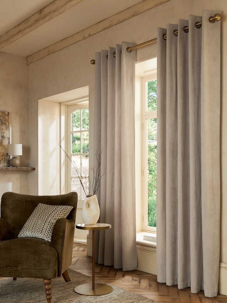 Natural Matte Chenille Blackout/Thermal Eyelet Curtains - Image 1 of 7