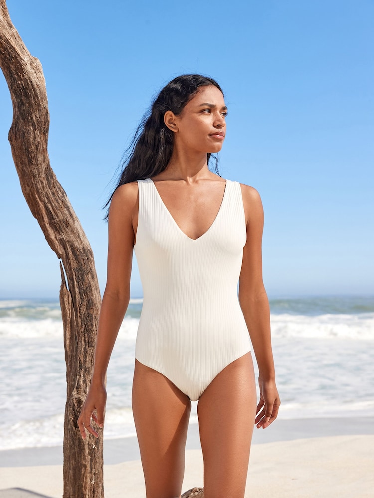 Cream Rib Essential Plunge Swimsuit - Image 1 of 5