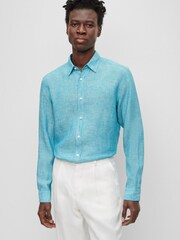 BOSS Blue Chambray Linen Regular Fit Long Sleeve Shirt - Image 1 of 1