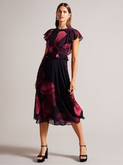 Ted Baker Bjorkaa Angel Sleeve Black Midi Dress with Peplum Waist - Image 1 of 5